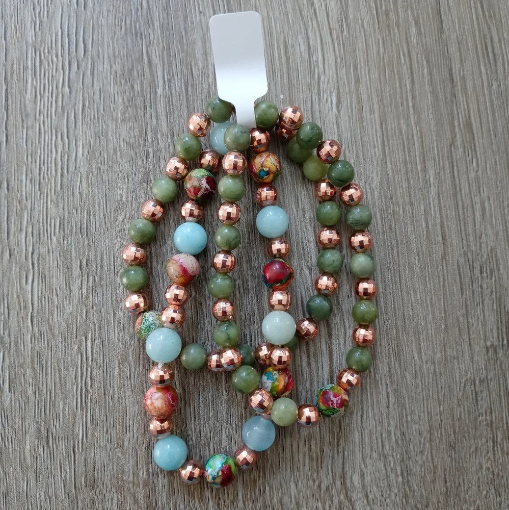Colorful Sea Sediment Jasper, Amazonite & China Jade Healing Stacked Bracelets - Picture 3 of 3